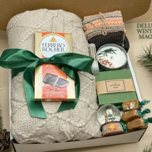 Cozy Hygge Winter Gift Box: Christmas Basket, Warm Blanket for Self Care, Spa Set
